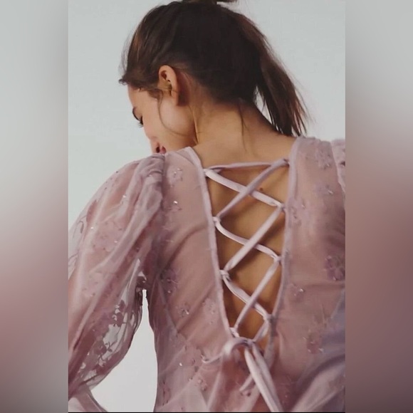 Free People Lavender Sequin Floral Lace-Up Back Princess Puff Sleeve Dress NWT